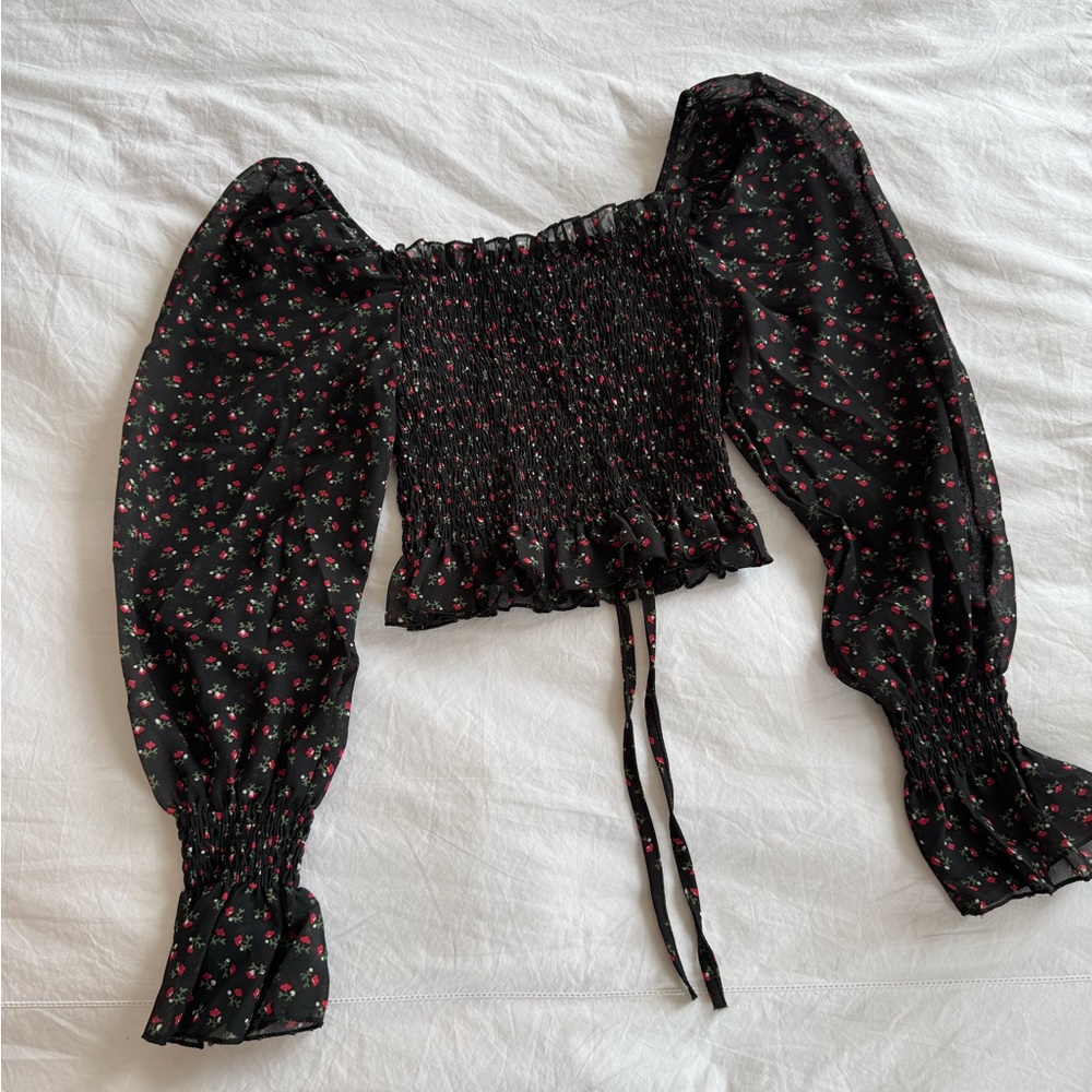 Smocked Off-Shoulder Puff Sleeve Top - Black Floral